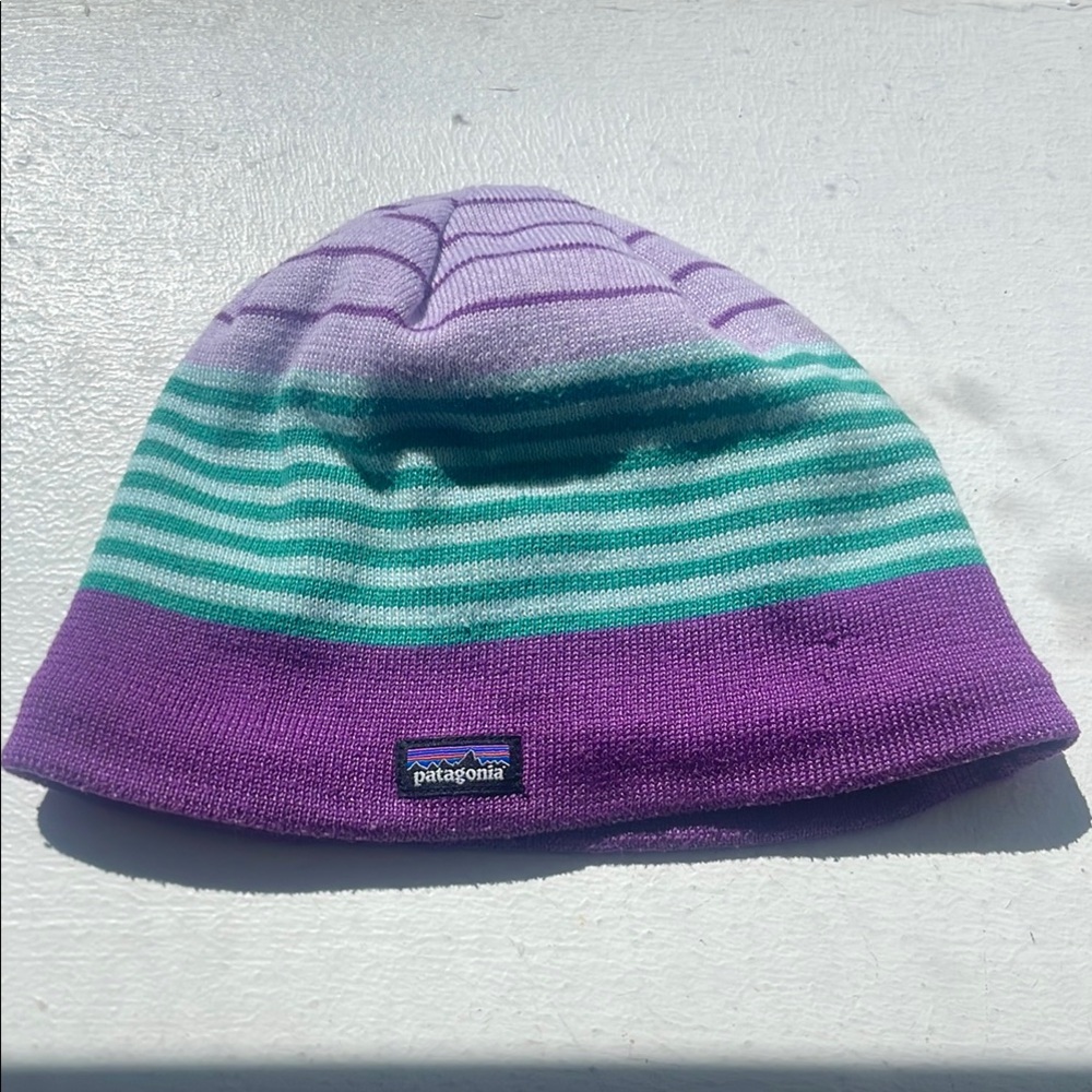 Patagonia Kids' Striped Purple and Green Beanie size 2T